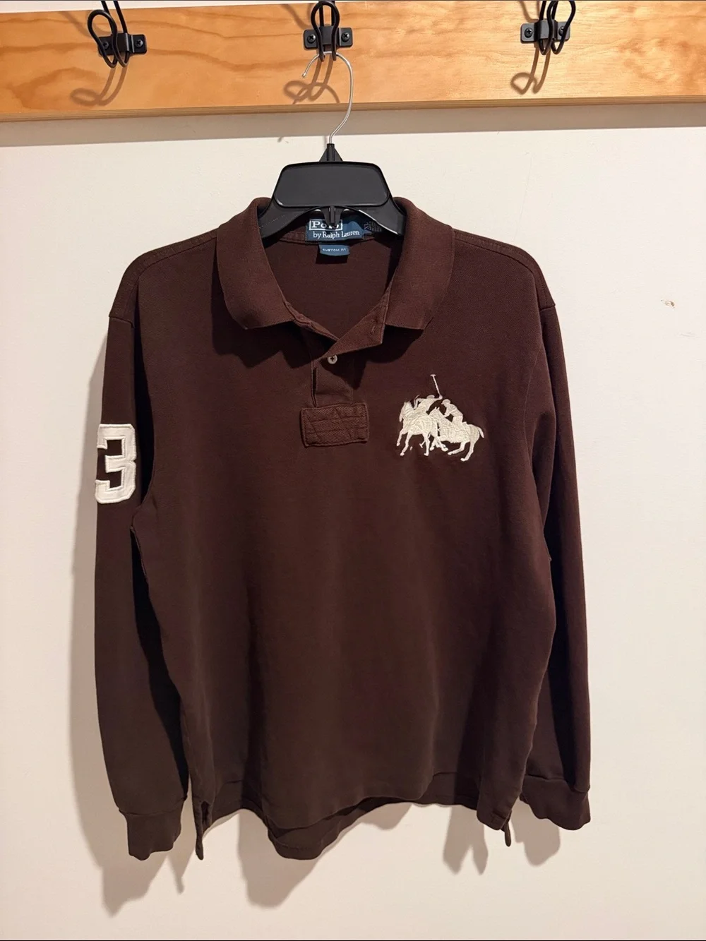 Polo by Ralph Lauren Long Sleeve Polo Shirt in Dark Brown with White Embroidery